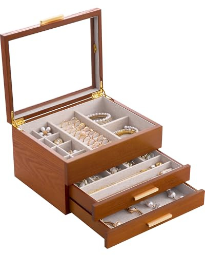 Lolalet Boîte à Bijoux 3 Niveaux, Coffret en Bois avec Fenêtre Transparente, Doublure en Lin, Grand Rangement pour Bagues, Bracelets, Colliers et Boucles d oreilles -Cerise