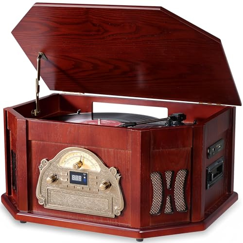 ORCC 10-in-1 Plattenspieler, Nostalgischer Plattenspieler für Vinyl-Schallplatte mit Bluetooth, 2 Eingebaute Lautsprecher, CD, Kassette, AM/FM-Radio, USB, SD-Slot, Fernbedienung