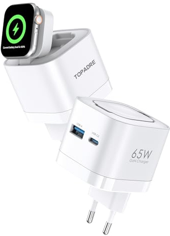 TOPADRE Cargador para Apple Watch, 3 en 1 Cargador USB-C 65W, Enchufe USB C | Cargador rápido para iWatch 11/10/9/8/7/6/Ultra/SE, para MacBook Pro/Air, para iPhone 17/16/15 Pro Max, para iPad Air. blanco