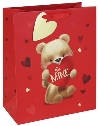 Eurowrap Valentines Day Large Gift Bag – Be Mine Teddy Bear Present Bag with Gold Heart Tag, Foil Finish & Grosgrain Handles – Premium Red Packaging for Valentine’s, Anniversaries, Birthdays & Romance