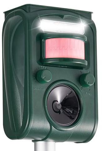 Upgraded Solar Ultrasonic Squirrel Deer Repellent Devices Motion Detection 5 Adjustable Modes, Cat Raccoon Rabbit Dog Deterrent, Animal Repellent with Waterproof for Yard, 1P Dark Green