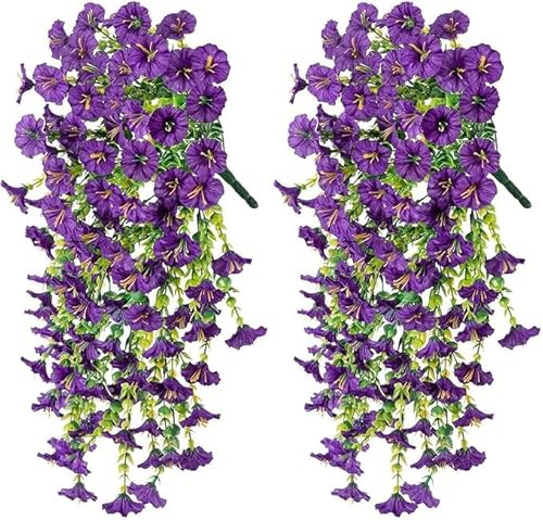 HUANYO Vibrant Artificial Hanging Petunias 4 Pack Silk Flowers for Outdoor Decoration, Waterproof Garden Plants for Balcony, Porch, Yard - Easy to Hang, No Maintenance (Purple)
