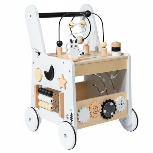 MagiDeal Children Wooden Activity Toy Pusher Trolley with Easy Grip Handle Stable Wheels Bead Maze Gears Animal Sliders Shape Matching Suitable for Balance Training Nursery