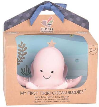 Tikiri 8597511 Naturkautschuk Rassel in Geschenkbox, Oktopus, Badespielzeug, für Babys und Kinder ab 0+ Monaten