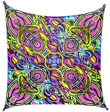 PSYWORK Schwarzlicht Segel Spandex | Dragon Temple II | 2,25 x 2,25m | UV-aktiv | Leuchtend | Wandtuch Wandbehang Stoff Neon Deko Party Tuch Tapestry Poster PSY Goa