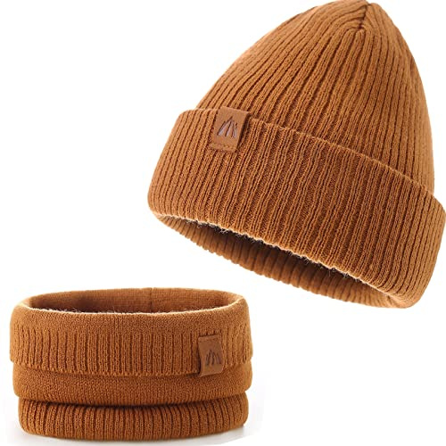 AHAHA Bonnet Bebe Garçon Doux et Souple Ensemble Bonnet Echarpe Garcon Chaud Bonnet Enfant Hiver Bonne Elasticité Bonnet Bebe Orange Foncé S
