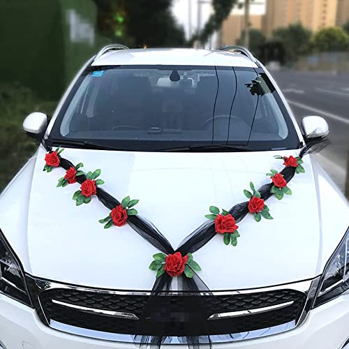 Hochzeit Car Auto Wedding Deko Girlande, Organza Autoschmuck Hochzeit Auto Schmuck Braut Paar Rose Deko, Hochzeits Autodeko Rosendekoration Set, Hochzeitsschmuck für Hochzeits Verlobt Party,Schwarz