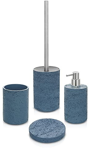 Inbagno Set Bagno Accessori Completo – 4 Pezzi, Kit Accessori appoggio Effetto Pietra Turchese Cobalto, Include Dispenser, portaspazzolini, portasapone e scopino WC, (Set Completo)