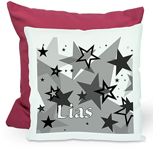 CreaDesign, Kinder Kissen 40x40 cm personalisiert mit Namen, Kinderzimmer Deko Kissen Kinder mit Füllung Federn, Motiv Sterne schwarz, Rückenfarbe Lila