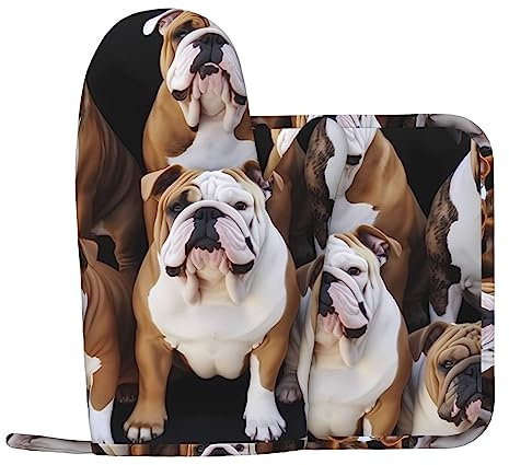 Englische Bulldoggen Gedruckt Ofenhandschuhe Und Topflappen Sets Hitzebeständige Rutschfeste Ofenhandschuhe Für Küche Kochen Backen BBQ