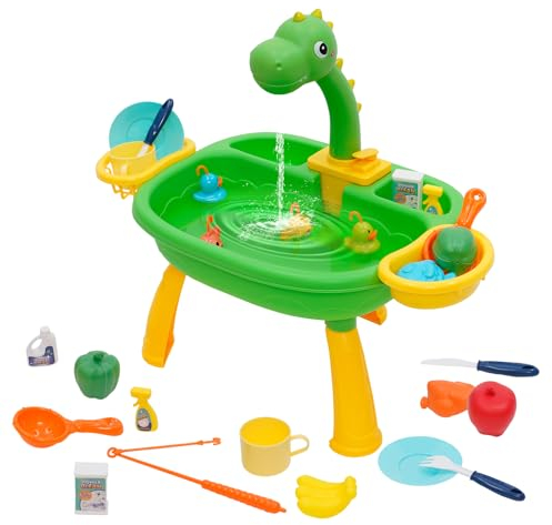 Siairo Pretend Wash-up Kitchen Sink Play Set,Kitchen Sink Toys with Tableware Accessories Water Circulation System and Dinosaur Tap,Educational Party Activity Toy Set for Girls Boys