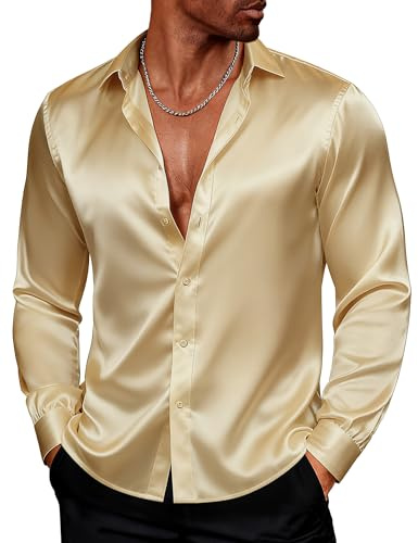 PJ Paul Jones - Chemise en Satin Brillant à Manches Longues avec nœud Papillon pour Homme, doré, Taille L