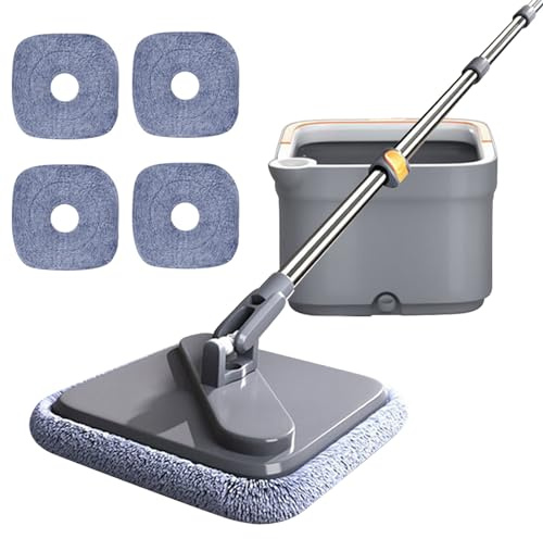 Balai serpillère carrée avec seau à franges auto-lavable et serpillère rotative à 360° pour nettoyage des sols, baignoires, couvertures (ensemble + 4 serpillières)