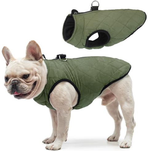 SCENEREAL Winter Dog Vest Coat with Harness Built In, Warm Puppy Jacket for Small Medium Dogs, Cold Weather Coats with Zipper, Fleece Puffer Vest Windproof Snow Clothes, Olive XL