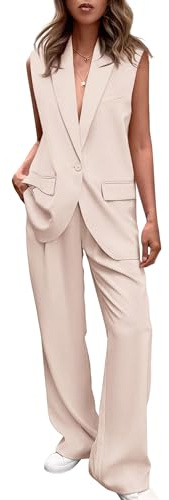 PRETTYGARDEN Womens 2 Piece Blazer Suits V Neck Sleeveless Vest Wide Leg Pants Sets Summer Matching Outfits (Beige,Large)