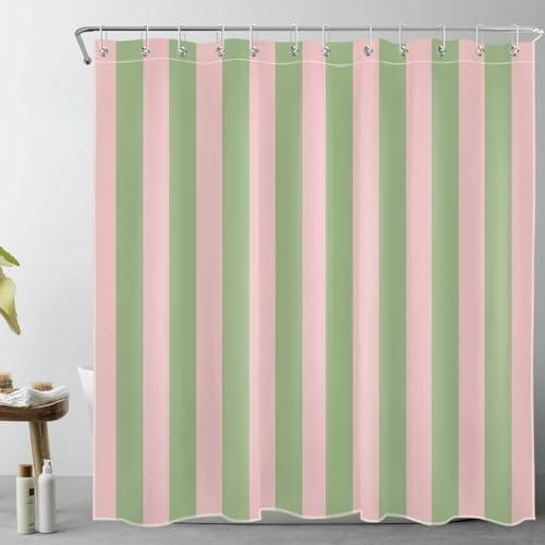 LB Green and Pink Striped Shower Curtain Abstract Geometric Shower Curtains for Bathroom Modern Art Polyester Anti Mould Waterproof Extra Long Bath Curtain Set with Hooks,78Lx71W inches