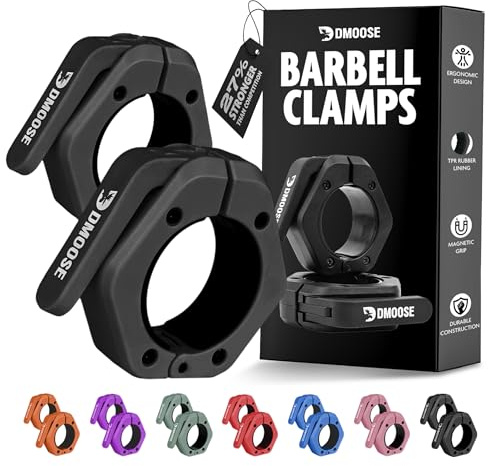 DMoose Fitness Barbell Clips 2 (Pair) - Quick Release Olympic Barbell Clamps with Anti Slip TPR Lining - Barbell Collars for Secure Weightlifting & Powerlifting (Black - Non Magnetic)