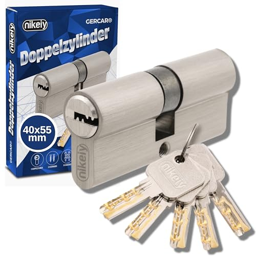 GERCAR Pro Profilzylinder 40/55 Massiver Schließzylinder Doppelzylinder Zylinderschloss Türschloss - aus Messing Vernickelt - inkl. 5 Schlüssel - Wendeschlüssel - Länge: 95 mm, A:40 B:55-1x