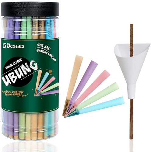 UBUNG Rainbow Kegel, 5 Farben, 50 Kegel, King Size, vorgerollter Kegel mit Filtern, King Size Kegel zum Rollen, inkl. 1 Trichter und 1 Schieber für schnelle Verpackung