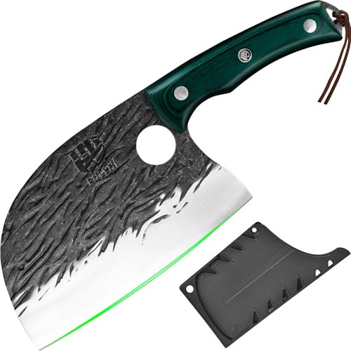 FULLHI 2pcs Coltello da macellaio con fodero, coltello da cuoco serbo Tang, coltello da verdure con mannaia in acciaio al carbonio per esterno, campeggio (verde, Coltello da cuoco serbo)