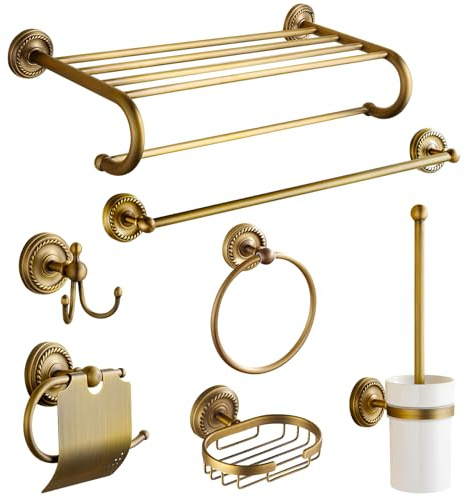 7-teiliges Badezimmer-Zubehör-Set aus antikem Messing, goldfarben – TooCust Messing Handtuchhalter, antike Stange Messing Badzubehör – Wandmontiertes Badezimmer-Zubehör-Set aus Messing