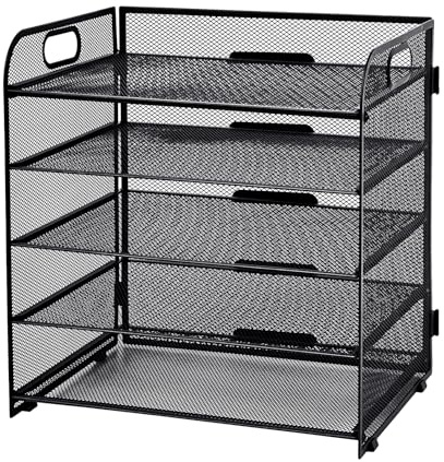 Hotyin Archivos de Escritorio, 5 Niveles Bandeja Organizadora, Estantes de Malla para Archivos con Asa, Organizador de Archivos para Carpetas de Archivo A4, Negro