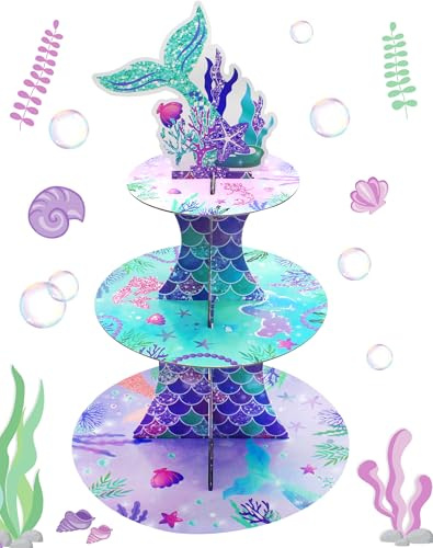 Anvin Alzata a 3 livelli per cupcake a forma di sirena, in cartone, per dessert, decorazione per feste di compleanno, tè, feste, centrotavola, baby shower (sirena)