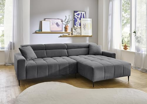 Wohnlandschaft >Stanislaw< in grau, Ottomane rechts, elektrische Sitztiefenverstellung, Metallfüße schwarz gepulvert, Nosagunterfederung, Polyätherschaum, inkl. 2 Zierkissen, 256x78-100x180 cm (BxHxT)