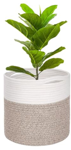 Maceta Senda con forro para plantas de interior, cesta de almacenamiento tejida de algodón plegable para plantas, maceta para flores y organizador para la colada y juguetes (blanco con marrón, 25 x 25