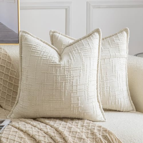 Madizz 2er Set Chenille Dekorativ Kissenbezüge Weiche neutrale Wurfkissen für Sofa Boho Akzent Zierkissenbezüge für Schlafzimmer Wohnzimmer Modernes Zuhause Dekor Crèmeweiß 40x40 cm