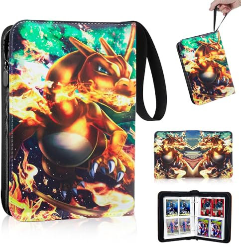 Abiemuce 400 Karten Sammelalbum für Pokemon mit Reißverschluss, Tragbar Wasserdicht PU Sammelalbum für Pokemon Karten mit Griffschlaufe Sammelkartenalben Sammelkarten Album - 50 Seiten