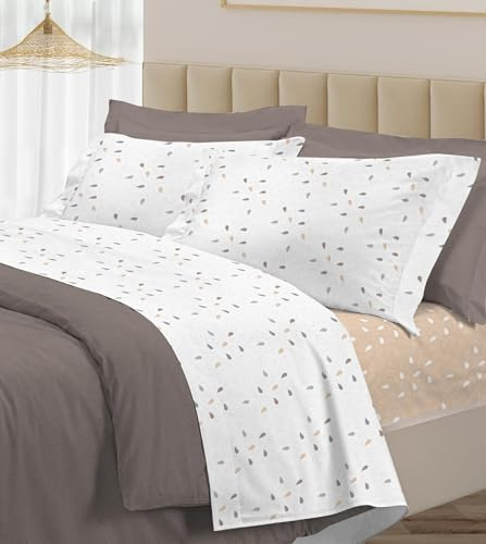 PELLECCHIA 1969 | Set Completo Letto 100% Cotone Percalle Italiano - Morbido Delicato Made in Italy Lenzuolo sopra + sotto con Angoli + Federe (Goccia Beige, Matrimoniale)