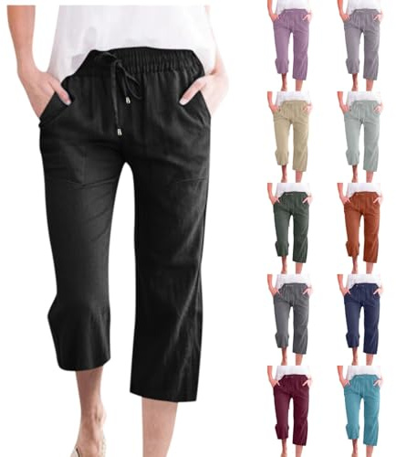 Couawaticy Cropped Linen Trousers for Women Summer Trendy Capri Pants for Women UK 3/4 Length Straight Leg Ladies Trousers Elasticated Waist Drawstring Solid Lounge Pants Joggers Beach Vacation