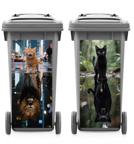 ANATTASOUL 2Pcs Cat and Lion Animal Wheelie Bin Sticker for Bins Decorative | Waterproof,Dustbin Cover,14.9x 32.2,Adhesive,Large,Funny Decal for Bins, Fridge, Wall, Garden Outdoor, Indoor Decoration