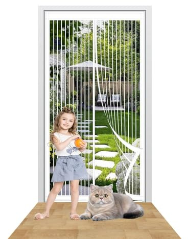 Magnetic Fly Screen Door 134 x 202 cm Easy to Install Without Drilling Magnetic Door Curtains with Powerful Magnets/Full Frame Magic Tape for Home Office Balcony Patio Garden, White