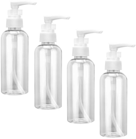 4 Pezzi Flaconi da Viaggio, 50 ml Bottiglie da Viaggio Trasparenti, Pompa da Viaggio in Plastica Dispenser, Boccette Contenitori Ricaricabile, per Cosmetici, Lozione, Bagno, Shampoo Liquidi