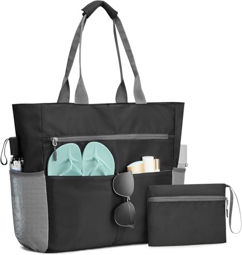 BRAVECOW strandryggsäck XXL familj, 35 l stor badväska, badväska vattentät, vikbar dam strandväska för resor shopping strand pool (1, svart, 40,5 x 17 x 39 cm)