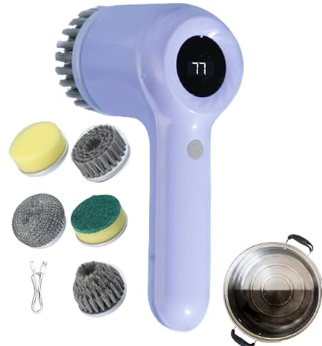Cordless Electric Scrubber - Handheld Kitchen Bathroom Cleaning Brush with Replaceable Heads | Powerful Cleaner for Sink Tile Grout Wall Tub Shower Polishing Tool, Portable Scrubbing Device