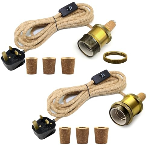 2 Packs Bottle Lamp Kit Do It Yourself, E27 Ceramic Lamp Holder, 240CM Hemp Rope Cable, Bottle Light Adaptor Kit with 3 Sizes of Stoppers, DIY Table Lamp Kits, Light Fittings for Bottles, Bronze