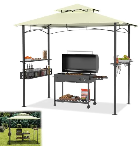 YRHome 2.4x1.5m Grillpavillon Beige BBQ Grillüberdachung mit Doppeldach, 2 Seitenregalen Metallkorb & Haken Wetterfeste Gartenlaube BBQ-Gazebo-Überdachung für Außengrill Party Grillunterstand