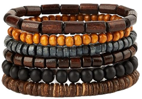 6 Pcs Mens Beaded Bracelet,Mens Wrist Bracelets,Polychrome Men Wooden Bead Bracelet Jewellery Stackable Elastic Men's Wood Beads Wristband Wrists Cuffs Gift Decoration for Family,Friends,Colleagues