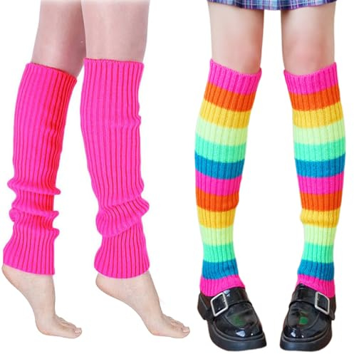 OIXEYA 2 pares Calentadores de Piernas,80 90 de Neón Calentadores de punto, Pierna de Color Neón,Algodón para Fiestas Temáticas de Disfraces,Carnaval,Gym Accesorios
