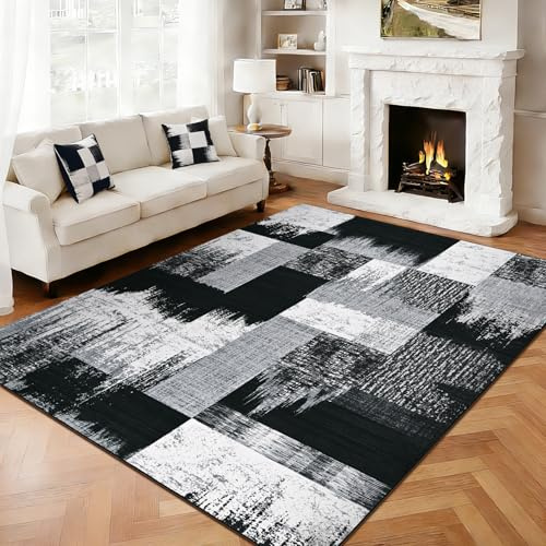 Alishomtll Black Grey Rug, Modern Geometric Rug, Washable Carpet 160x230cm