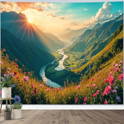 Calefee Wandteppich xxl 350x256, Wandteppich Natur Sonnenuntergang Berge Fluss Blumen Landschaft, Wandbehang Deko Teppich für Schlafzimmer