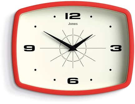JONES CLOCKS® Movie wanduhr | Retro rechteckige Uhr | 25 cm | Rot | Cooler Designer-Look im mid-Century-Stil für küche, Wohnzimmer oder büro