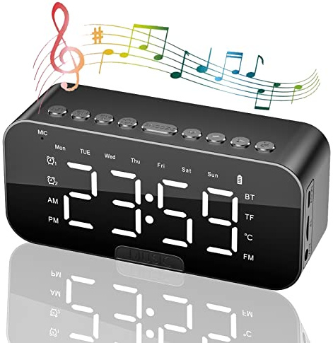 Digital Alarm Clocks, Alarm Clock Radio with Bluetooth Speakers, Bedside Clock for Bedroom, Portable Mirror Alarm with Dual Alarm, Snooze, LED Display, 3 Level Adjustable Dimmable, USB Charging