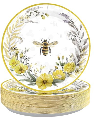 50Pcs Bee Floral Paper Plates 10 Inch Disposable Yellow Bee Flower Dessert Plates Spring Bees Party Decoration Favors for Seasonal Summer Baby Bridal Shower Birthday Wedding Picnic Party Supplies