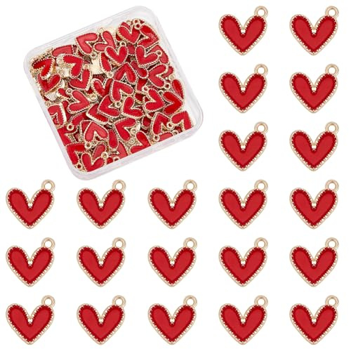 UNICRAFTALE Etwa 100 Stück Rote Emaille Herzanhänger 14x13.5mm Mini Legierungs Liebesanhänger 2mm Loch Herz Großpackung Für Schmuckherstellung DIY Armbänder Halsketten Bastelbedarf