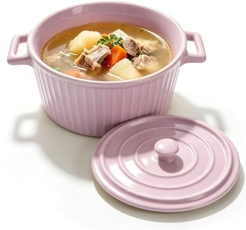 LUPATDY Pirofila in ceramica con coperchio, 1,2 l, grande, mini cocotte con manici, per lasagne, ramen, cuocere, forno, forno a microonde, grigio viola