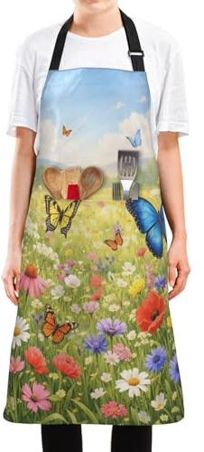 SDMKA Vibrant Wildflower Meadow Bib Apron - Water and Oil Resistant, Adjustable with 2 Large Pockets, 35 Inch Chef Aprons for Cooking, Grilling, Gardening, Men and Women